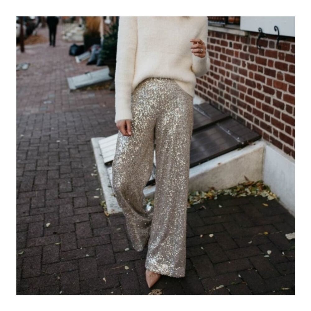 NWT Aakaa Women's Silver Sequin Lined Wide Leg Pants L Glam Holiday Party Disco - Picture 8 of 9